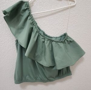 a new day Green Ruffle Of The Shoulder Blouse